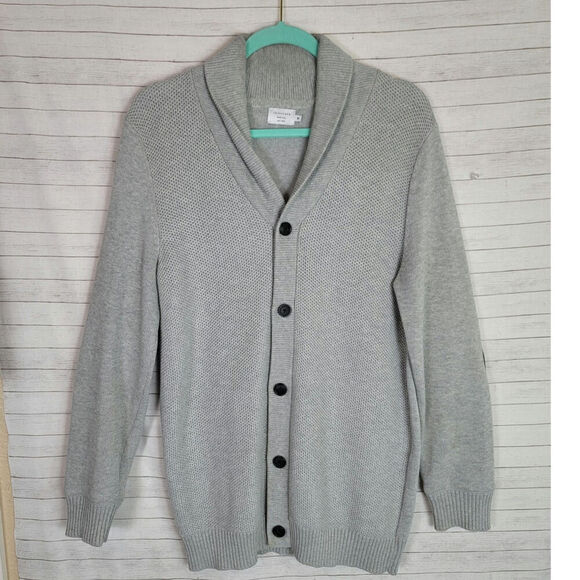 7 DIAMONDS BUTTON UP SHOULDER PATCH GRAY CARDIGAN, SZ MEDIUM - Picture 1 of 14